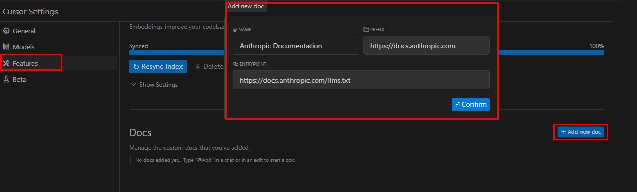 Example of using LLMs.txt with Cursor IDE